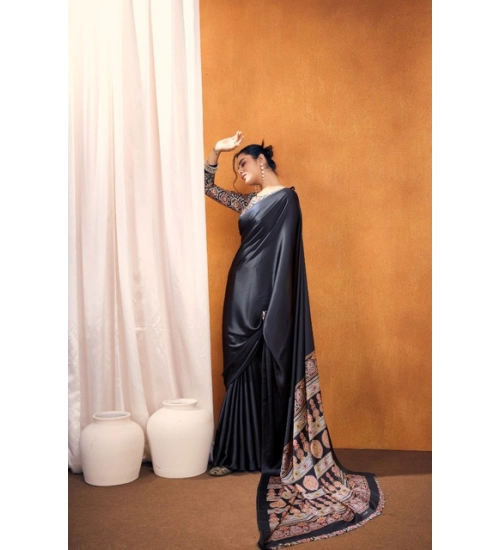 Women's Satin Crepe Printed Saree With Unstitched Blouse 5.5Mtr (Black)