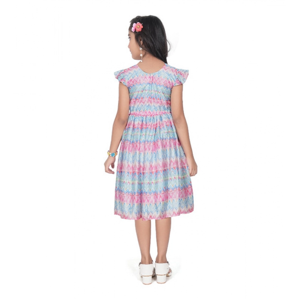 Girl's Lycra Printed Sleeve Less Round Neck Dress (Multicolor)