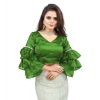Women's Organza Solid V Neck Layered Ruffle Sleeve Readymade Blouse (Light Green Free Size , up to 38–40 Bust)-PID65852