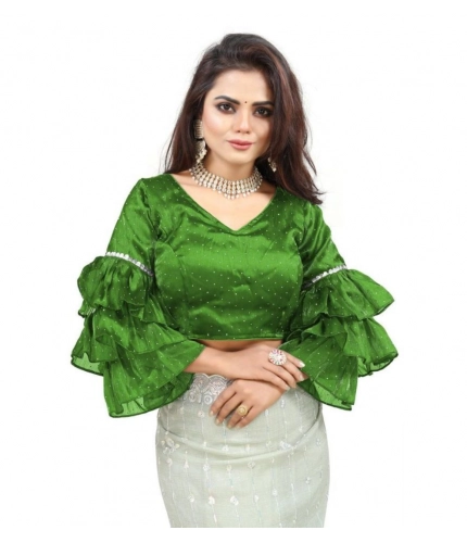 Women's Organza Solid V Neck Layered Ruffle Sleeve Readymade Blouse (Light Green Free Size , up to 38–40 Bust)-PID65852