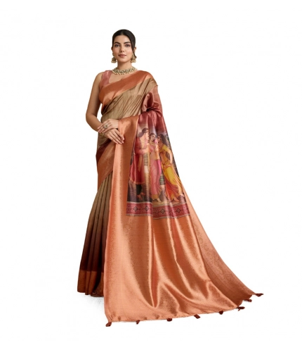 Women's Silk Printed Saree With Unstitched Blouse 5.5Mtr (Peach)