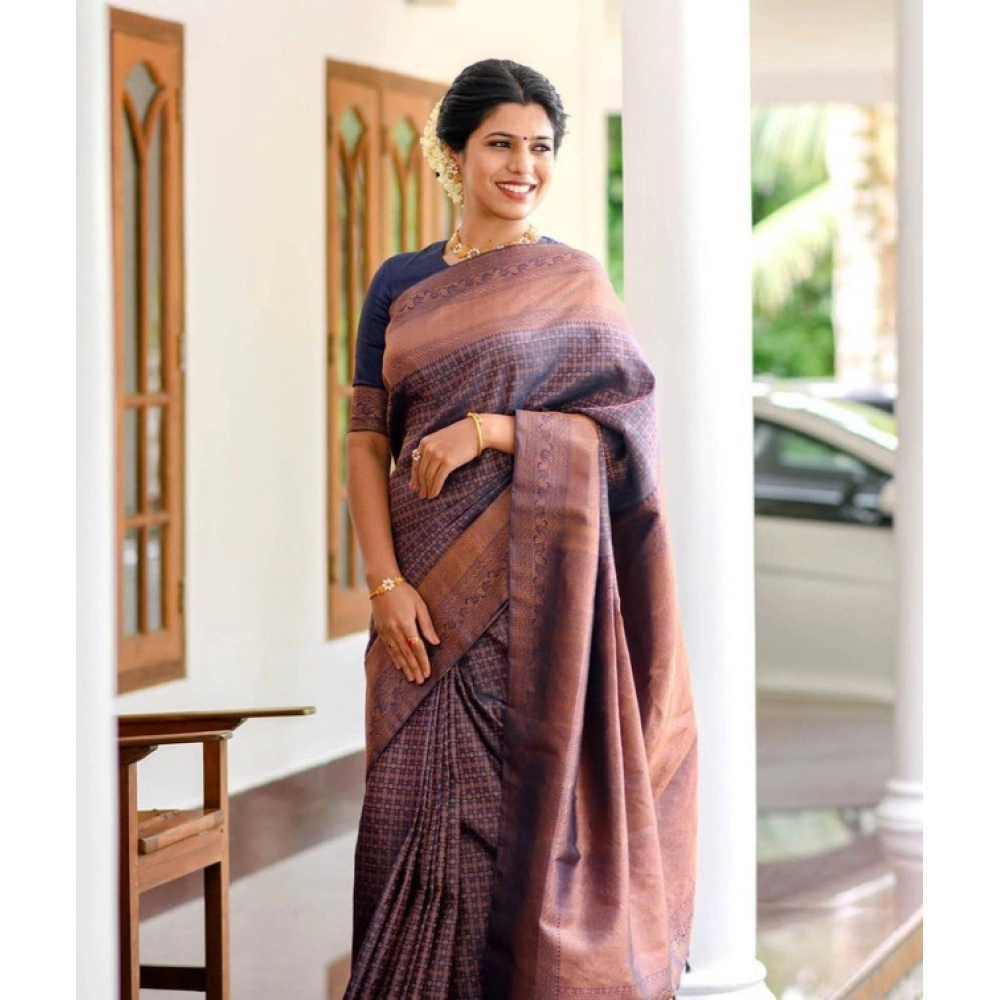 Women's Litchi silk Printed Saree With Unstitched Blouse (Navy Blue) Women's Litchi silk Printed Saree With Unstitched Blouse (Navy Blue)