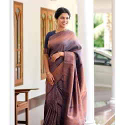 Women's Litchi silk Printed Saree With Unstitched Blouse (Navy Blue)