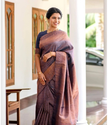 Women's Litchi silk Printed Saree With Unstitched Blouse (Navy Blue)