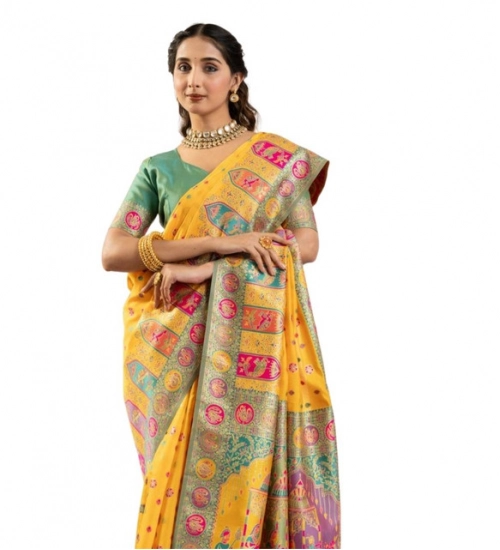 Women's Faux_Banarasi Woven Motifs Saree With Unstitched Blouse 5.5Mtr (Yellow)
