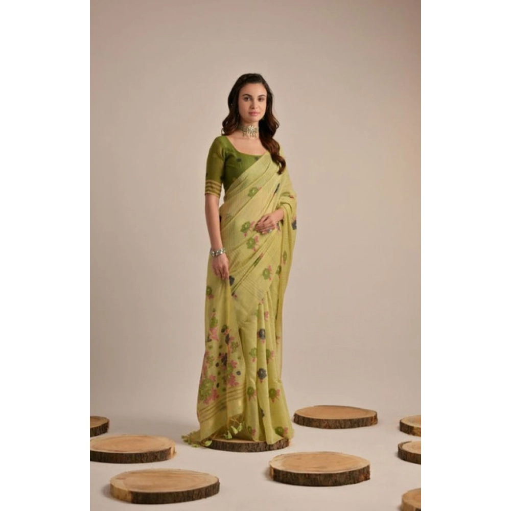 Women's Blended_Cotton Floral Motifs And Woven Buttas Saree With Unstitched Blouse 5.5Mtr (Light_Green) Women's Blended_Cotton Floral Motifs And Woven Buttas Saree With Unstitched Blouse 5.5Mtr (Light_Green)