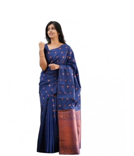 Women's Soft Lichi Silk Printed Saree With Unstitched Blouse 5.5Mtr (Blue)