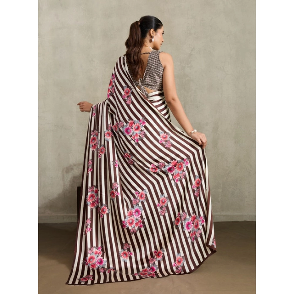 Women's Satin Crepe Printed Saree With Unstitched Blouse 5.5Mtr (Brown)