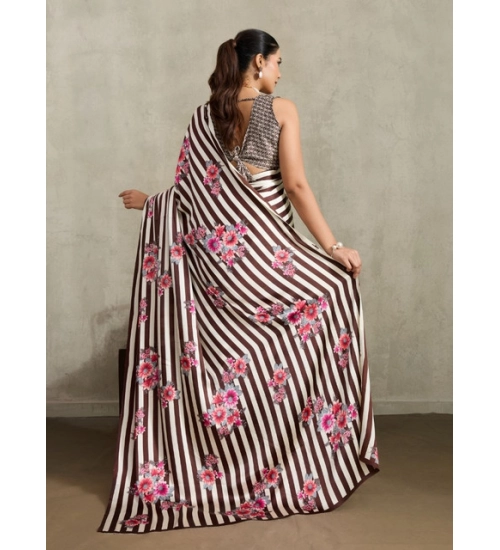 Women's Satin Crepe Printed Saree With Unstitched Blouse 5.5Mtr (Brown)