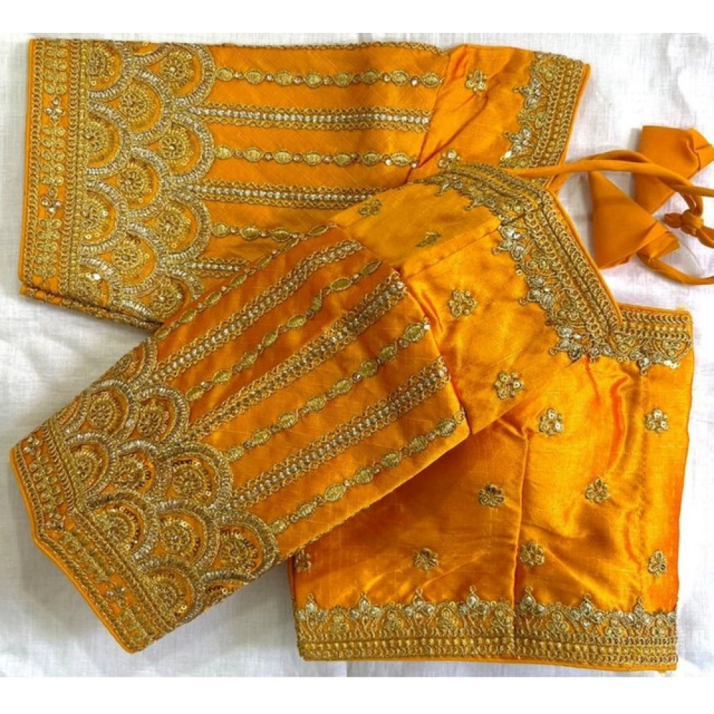 Women's Phantom Silk Embroidered Designer Neck Padded Blouse (Mustard 38 Ready (Alterable up to 42)