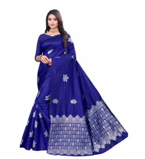 Women's Soft Lichi Silk Printed Saree With Unstitched Blouse 5.5Mtr (Blue)