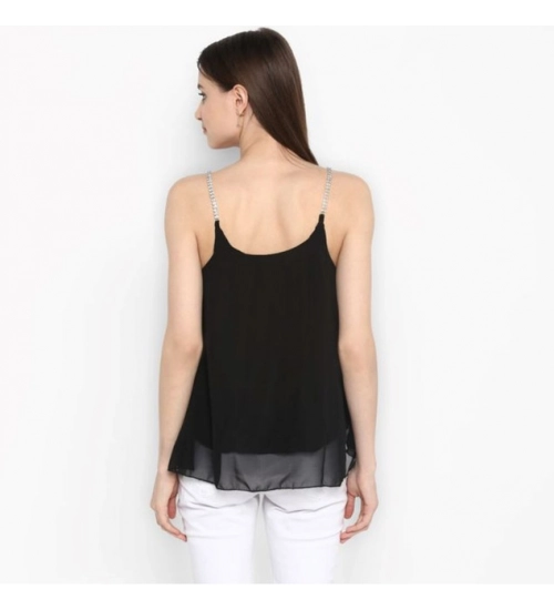 Women's Polyester Embellished Shoulder Straps Top (Black) Women's Polyester Embellished Shoulder Straps Top (Black)