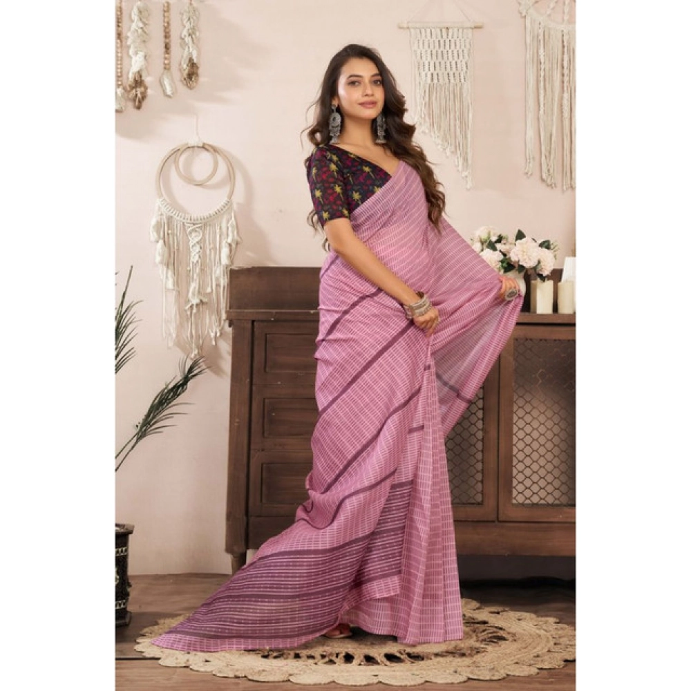 Women's Linen Cotton Printed Ready To Wear Saree With Unstitched Blouse 5.5 Mtr (Light_Pink)