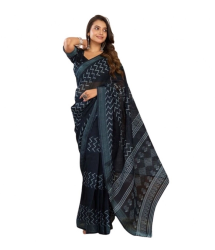 Women's Faux Linen Geometric Print Ready to wear Saree With Unstitched Blouse 5.5Mtr (Black) Women's Faux Linen Geometric Print Ready to wear Saree With Unstitched Blouse 5.5Mtr (Black)