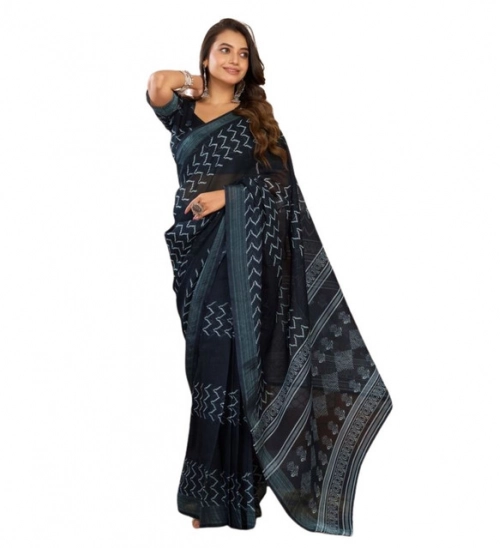 Women's Faux Linen Geometric Print Ready to wear Saree With Unstitched Blouse 5.5Mtr (Black)