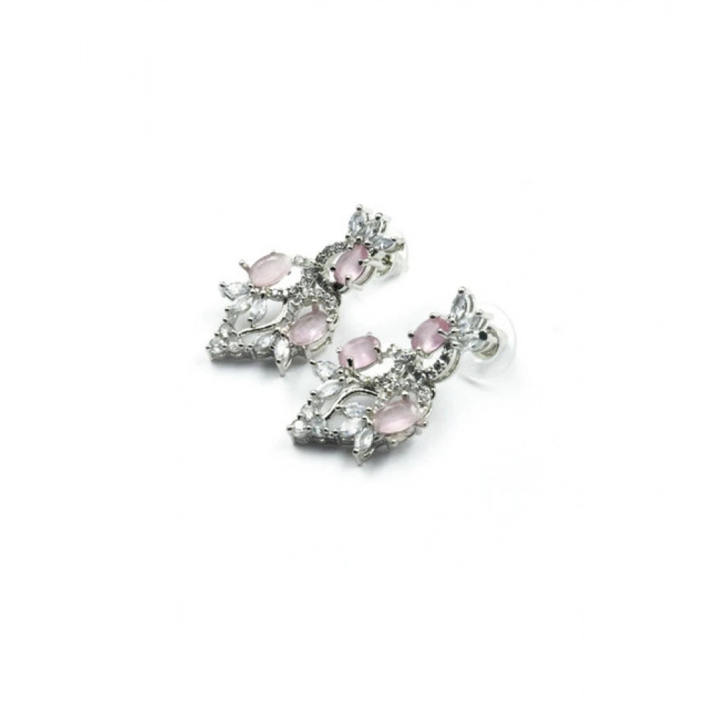 Women's Brass Silver Plated Necklace set (Pink)