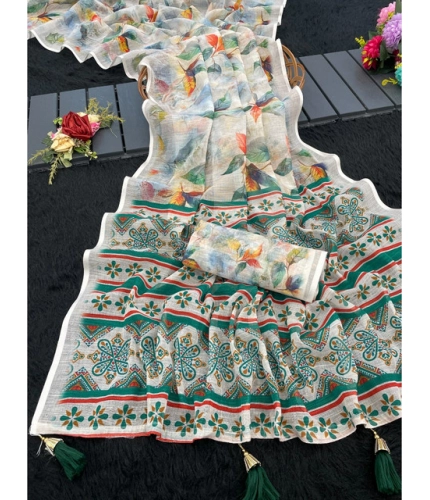 Women's Linen Cotton  Printed Saree With Unstitched Blouse 5.5Mtr (Green)