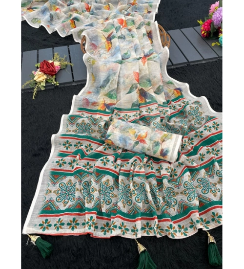 Women's Linen Cotton  Printed Saree With Unstitched Blouse 5.5Mtr (Green)