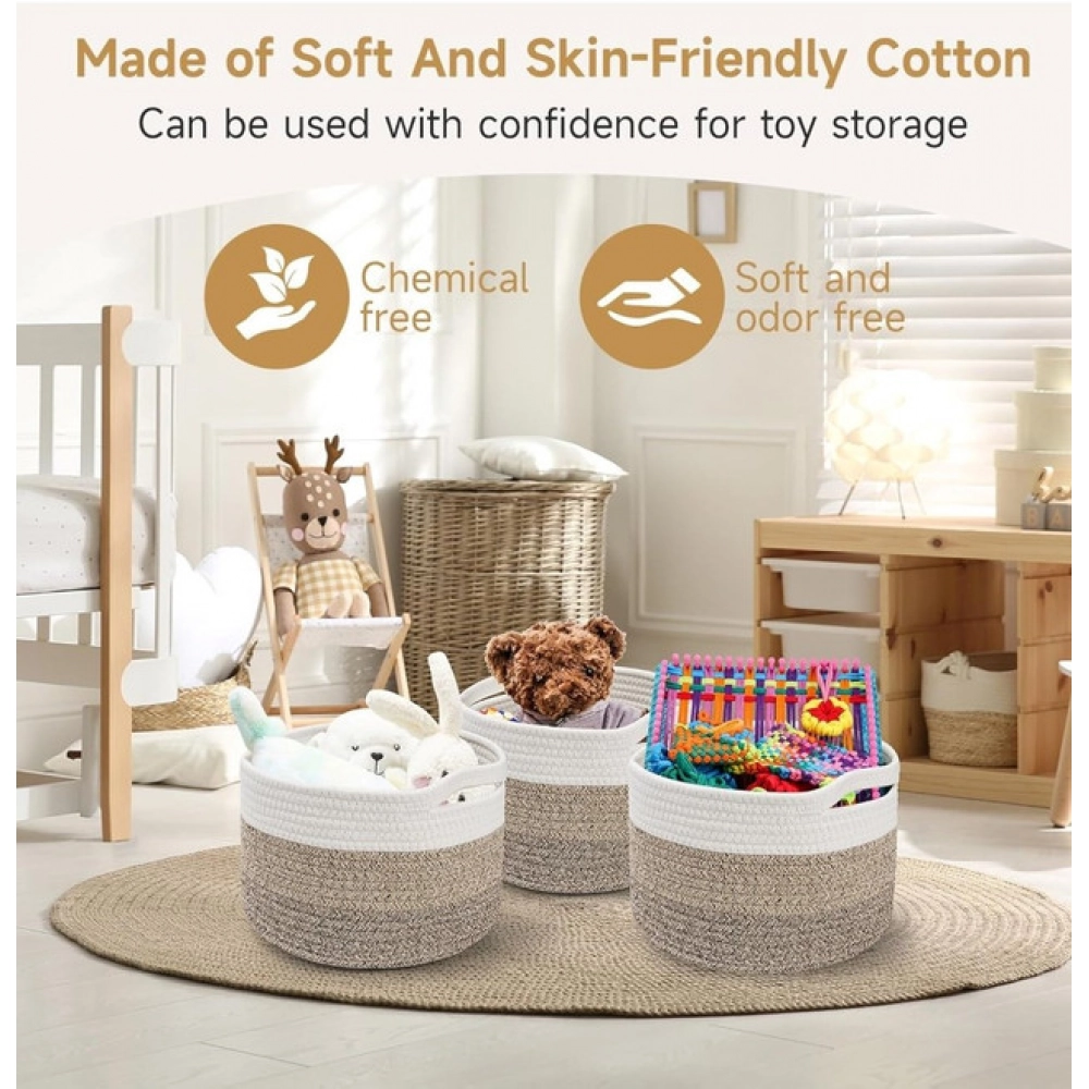 Cotton Kidi 9x7 Inch Pack of 3 Storage Basket For Clothes (Kidi White)