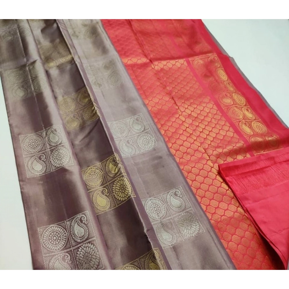 Women's Litchi silk Printed Saree With Unstitched Blouse (Brown With Orange) Women's Litchi silk Printed Saree With Unstitched Blouse (Brown With Orange)