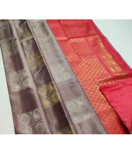 Women's Litchi silk Printed Saree With Unstitched Blouse (Brown With Orange)