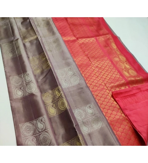 Women's Litchi silk Printed Saree With Unstitched Blouse (Brown With Orange)