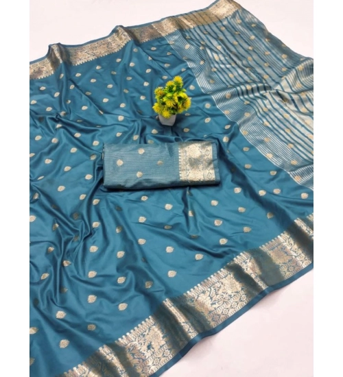Women's Jacquard Silk Jaquard Woven Saree With Unstitched Blouse 5.5Mtr (Light Blue)