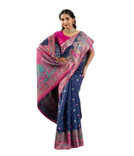 Women's Faux_Banarasi Woven Motifs Saree With Unstitched Blouse 5.5Mtr (Navy_Blue)