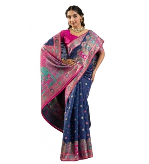 Women's Faux_Banarasi Woven Motifs Saree With Unstitched Blouse 5.5Mtr (Navy_Blue)