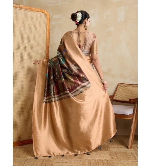 Women's Silk Printed Saree With Unstitched Blouse 5.5Mtr (Brown)