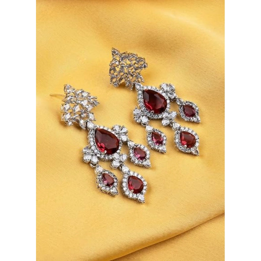 Women's Brass Silver Plated Drop Earrings (Red)