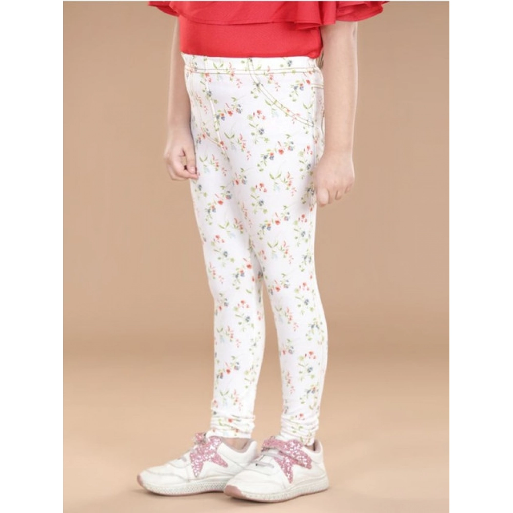 Girl's Cotton Lycra Floral Elasticated Jeggings (White-Green) Girl's Cotton Lycra Floral Elasticated Jeggings (White-Green)