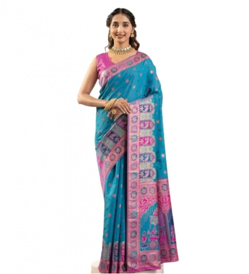 Women's Faux_Banarasi Woven Motifs Saree With Unstitched Blouse 5.5Mtr (Teal)
