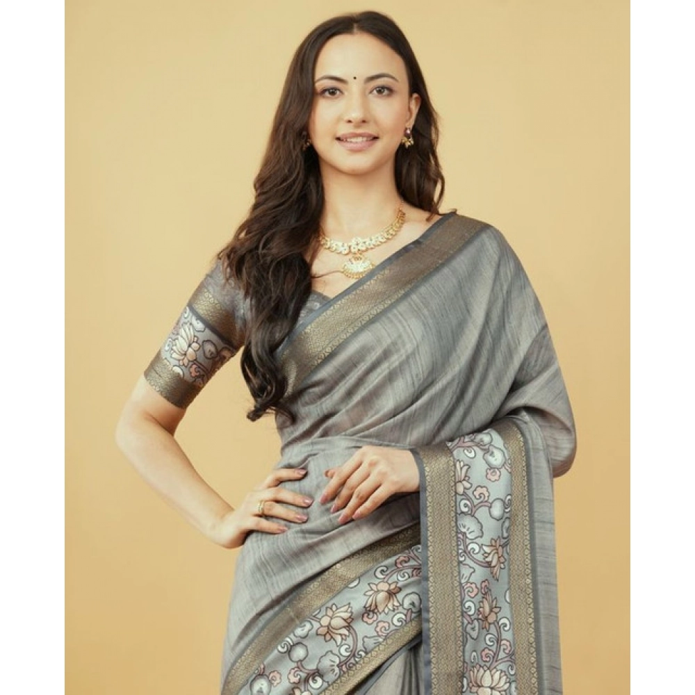 Women's Polyester Printed Saree With Unstitched Blouse 5.5 Mtr (Grey)