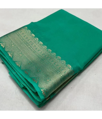 Women's Crepe Chit Pallu Solid Saree With Unstitched Blouse 5.5Mtr (Turquoise Green)