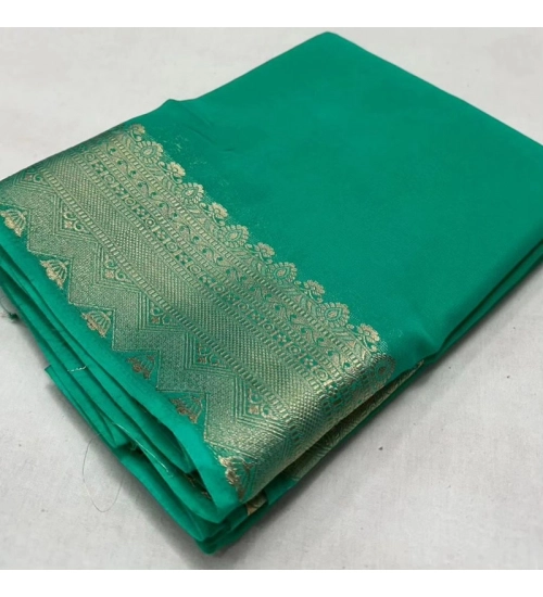 Women's Crepe Chit Pallu Solid Saree With Unstitched Blouse 5.5Mtr (Turquoise Green)