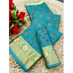 Women's Digital Dolla Silk Printed Saree With Unstitched Blouse 5.5Mtr (Sky Blue)