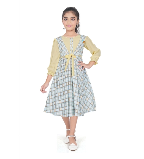 Girl's Digital Twill Striped 3/4 th Sleeve Round Neck Dress (Light Green)