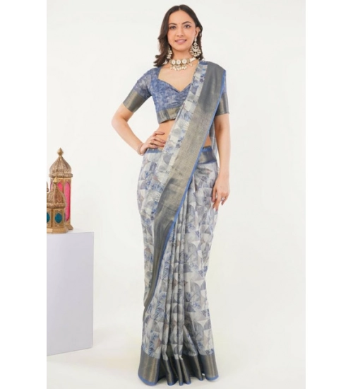 Women's Polyester Printed Saree With Unstitched Blouse 5.5 Mtr (Grey)