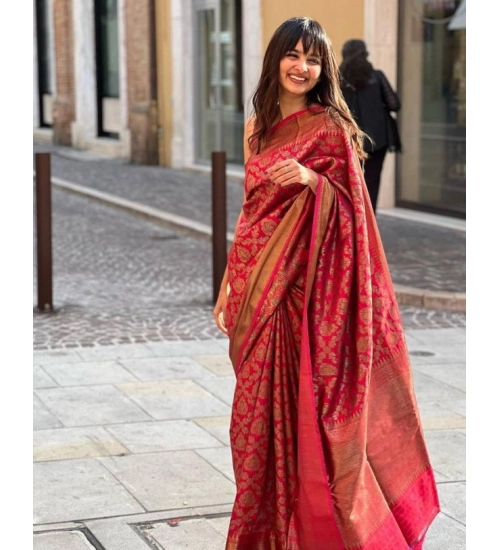 Women's Litchi silk Printed Saree With Unstitched Blouse (Red)