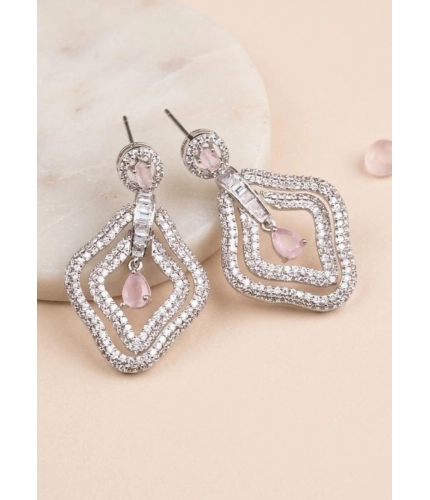 Women's Brass Silver Plated Drop Earrings (Pink)