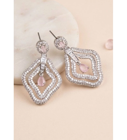 Women's Brass Silver Plated Drop Earrings (Pink)