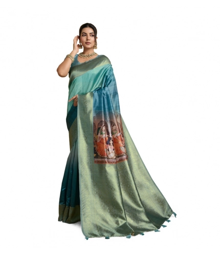 Women's Silk Printed Saree With Unstitched Blouse 5.5Mtr (Blue)
