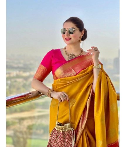 Women's Litchi silk Printed Saree With Unstitched Blouse (Yellow)
