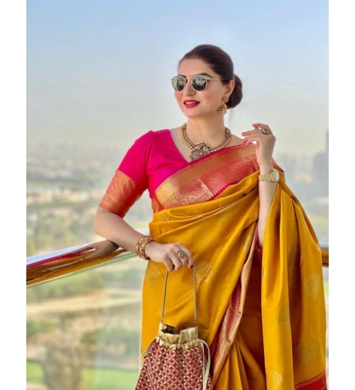 Women's Litchi silk Printed Saree With Unstitched Blouse (Yellow)