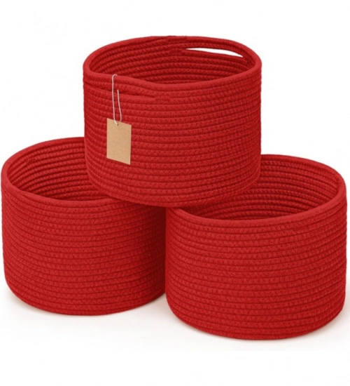 Cotton 9x7 Inch Pack of 3 Storage Basket For Clothes (Red)