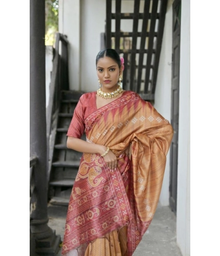 Women's Faux_Tussar Ikat Saree With Unstitched Blouse 5.5Mtr (Rust)