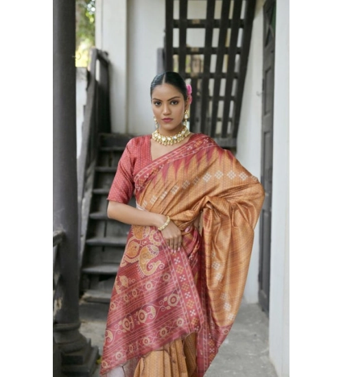 Women's Faux_Tussar Ikat Saree With Unstitched Blouse 5.5Mtr (Rust)
