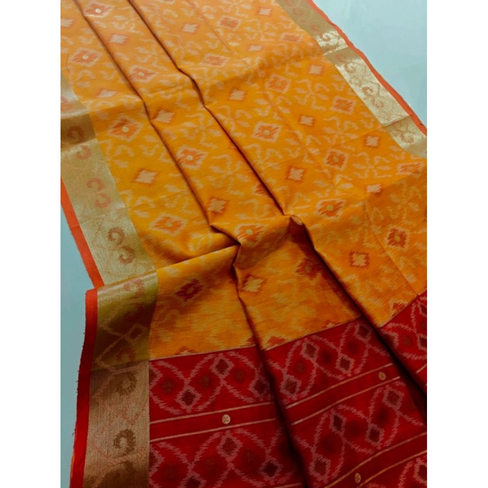 Women's Raw Silk Ikkat Saree With Unstitched Blouse 5.5Mtr (Mustard)