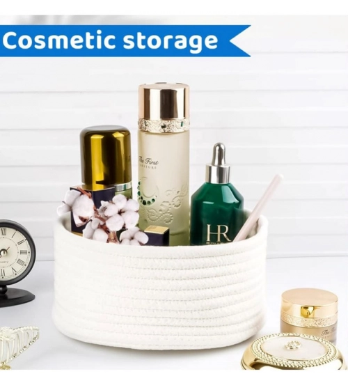 Cotton 8x3 Inch Round 3 Set Bedside Organizer (White)